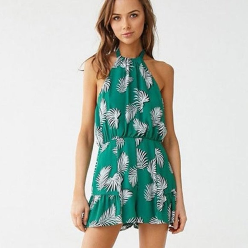 Tropical Green leaf print  Halter romper size M